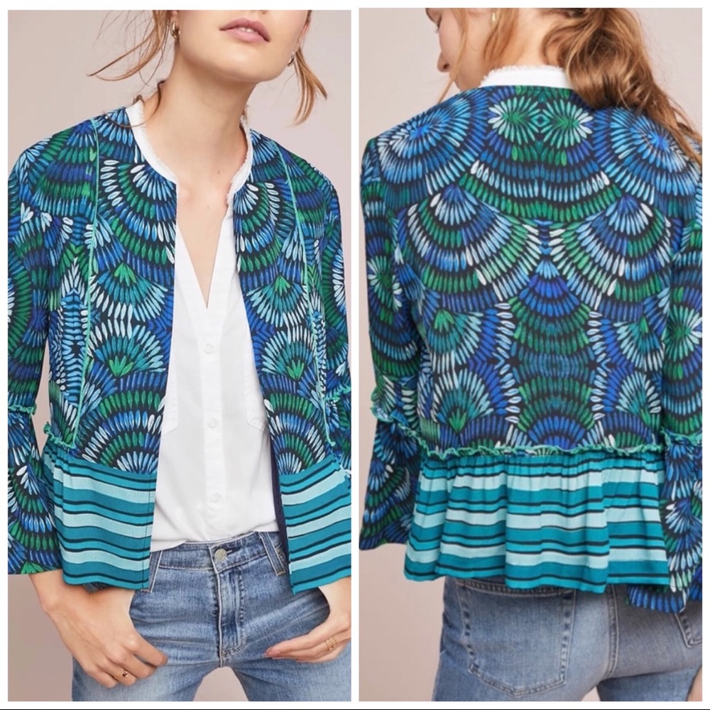 •BLANK London• Anthropologie‎ Annette Printed Ruffle Jacket Cardigan Size XS